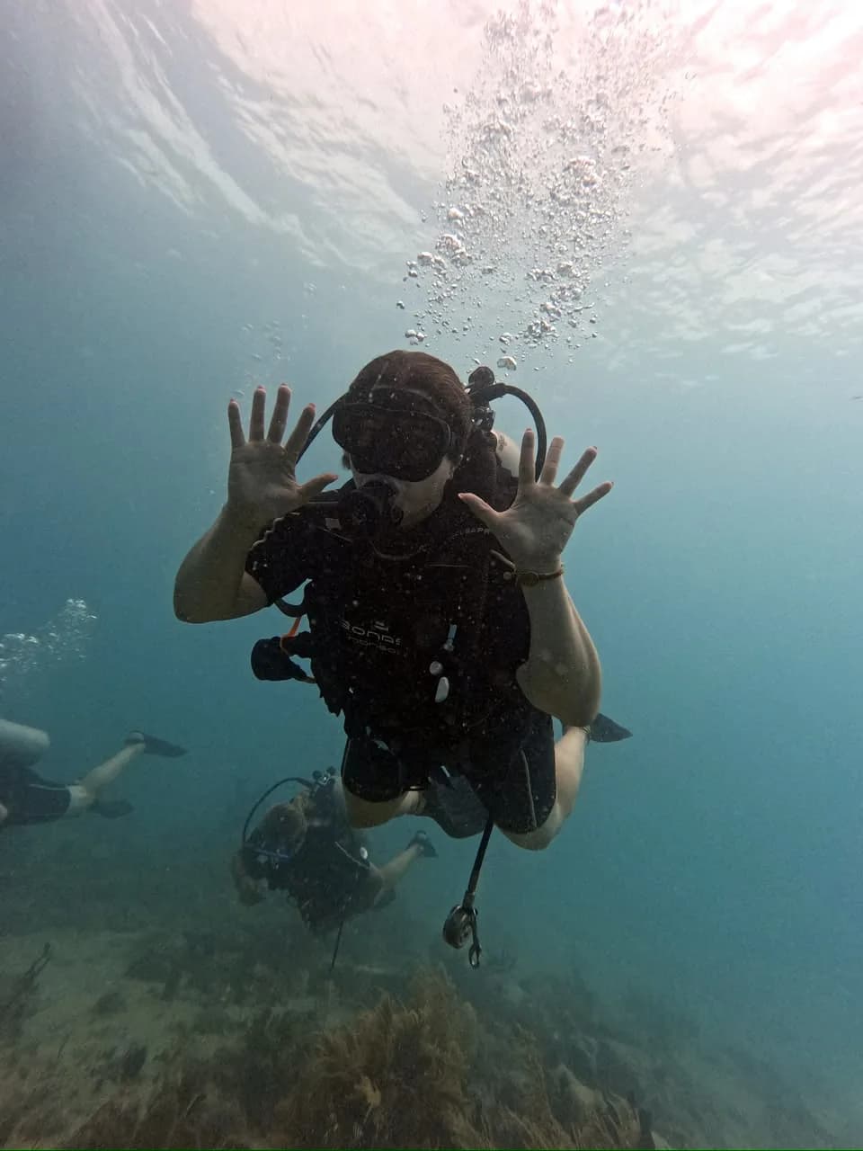A diver waving from below