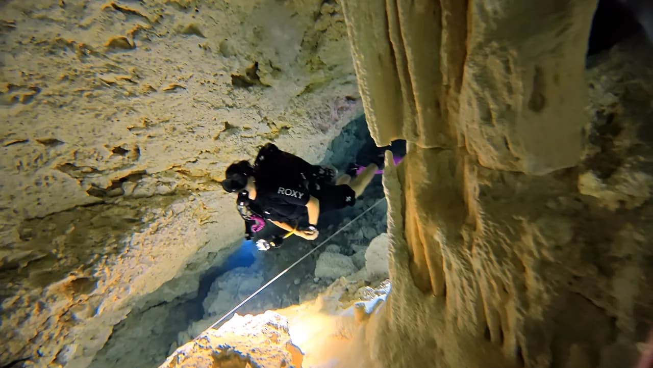 A diver beside a rock column