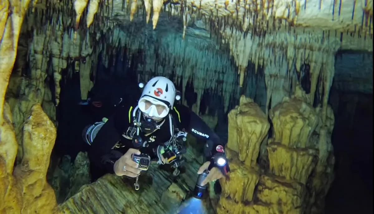 Columns and stalactites deep inside the cave