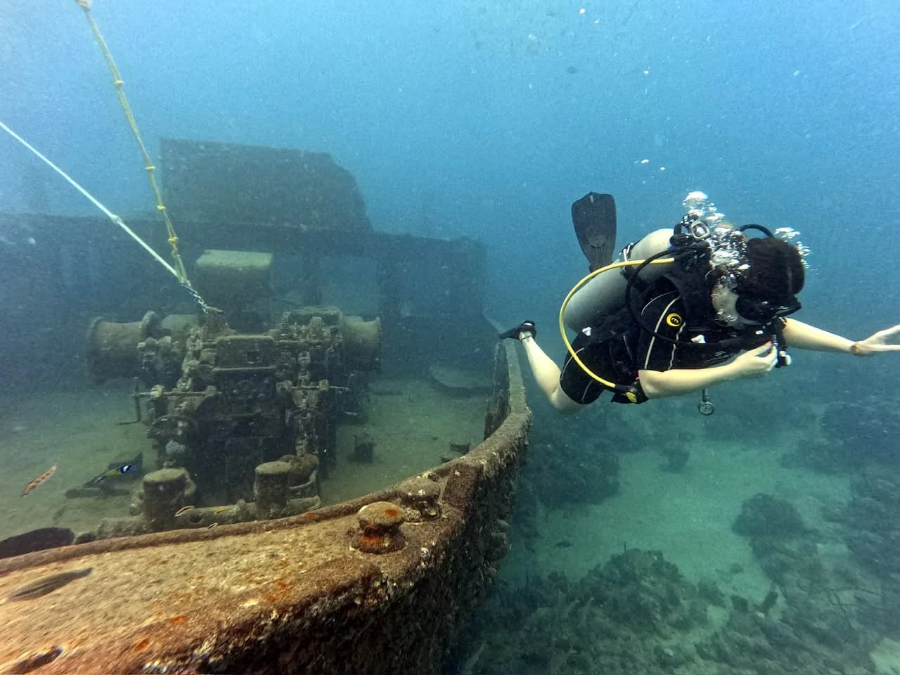 A diver alongside the wreck deck